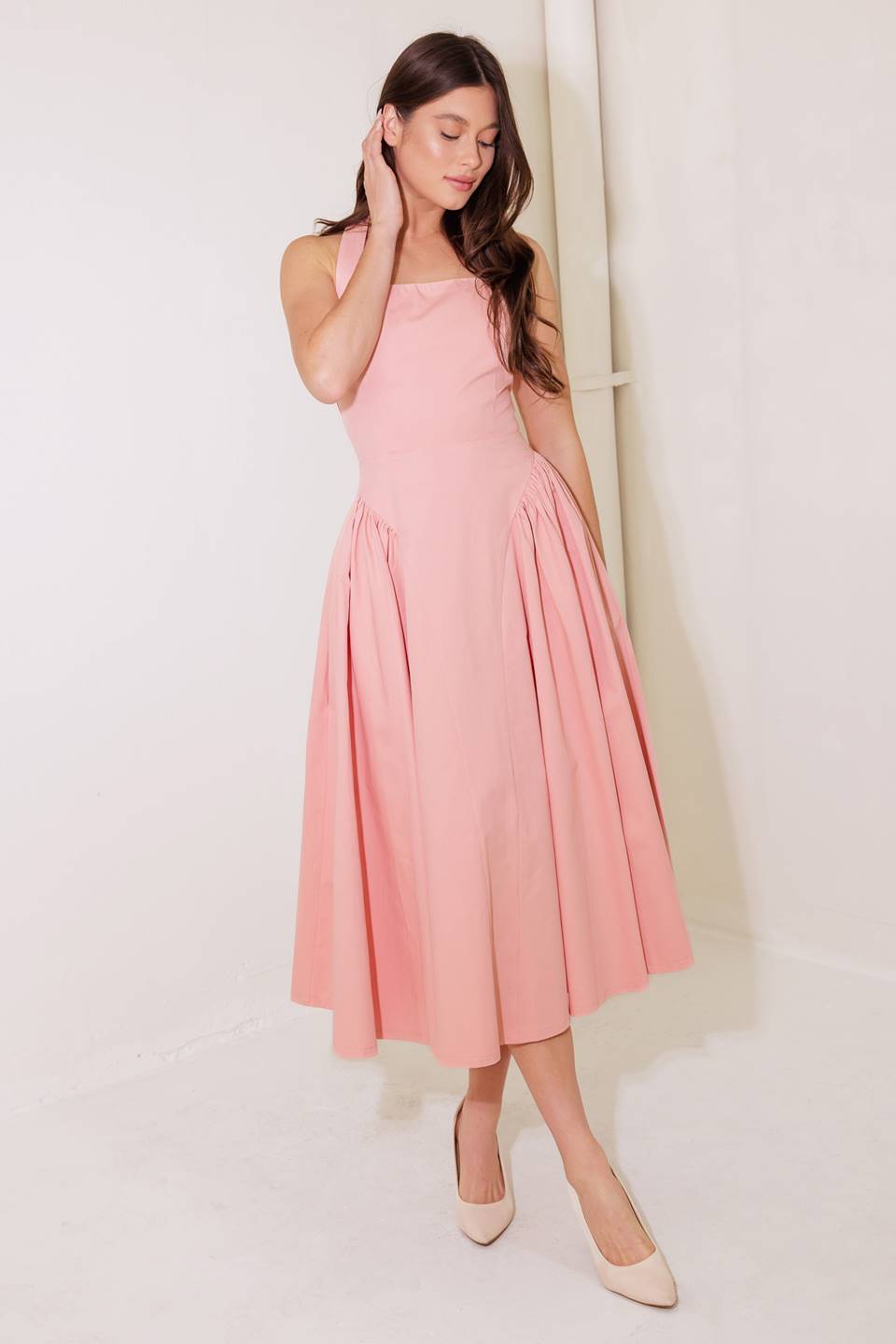 CAUGHT IN THE RAIN PINK WOVEN MIDI DRESS Flying Tomato